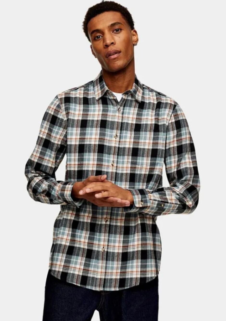 TOPMAN Casual Button Up Shirt Medium Black Multi Check Classic Long Sleeve NWT